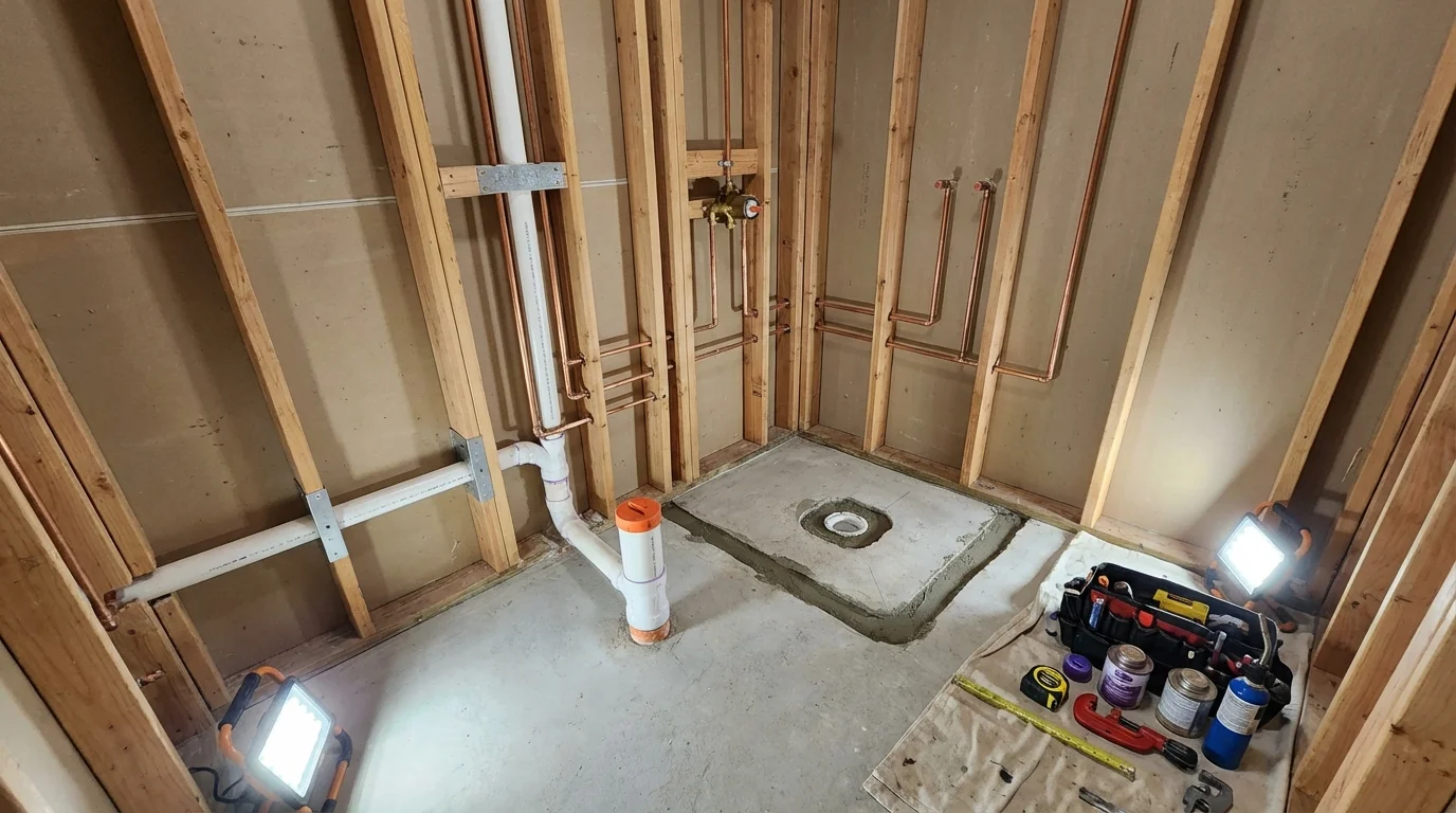 Bathroom rough-in plumbing during remodel by Johns Plumbing LLC in Russellville
