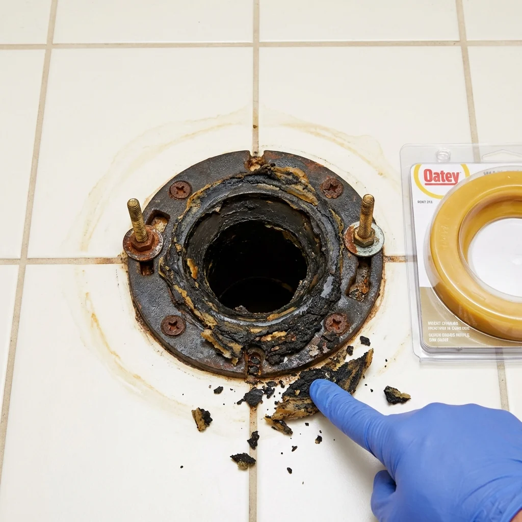 Failed wax ring showing water seepage at the base of a toilet in a Russellville, AR home